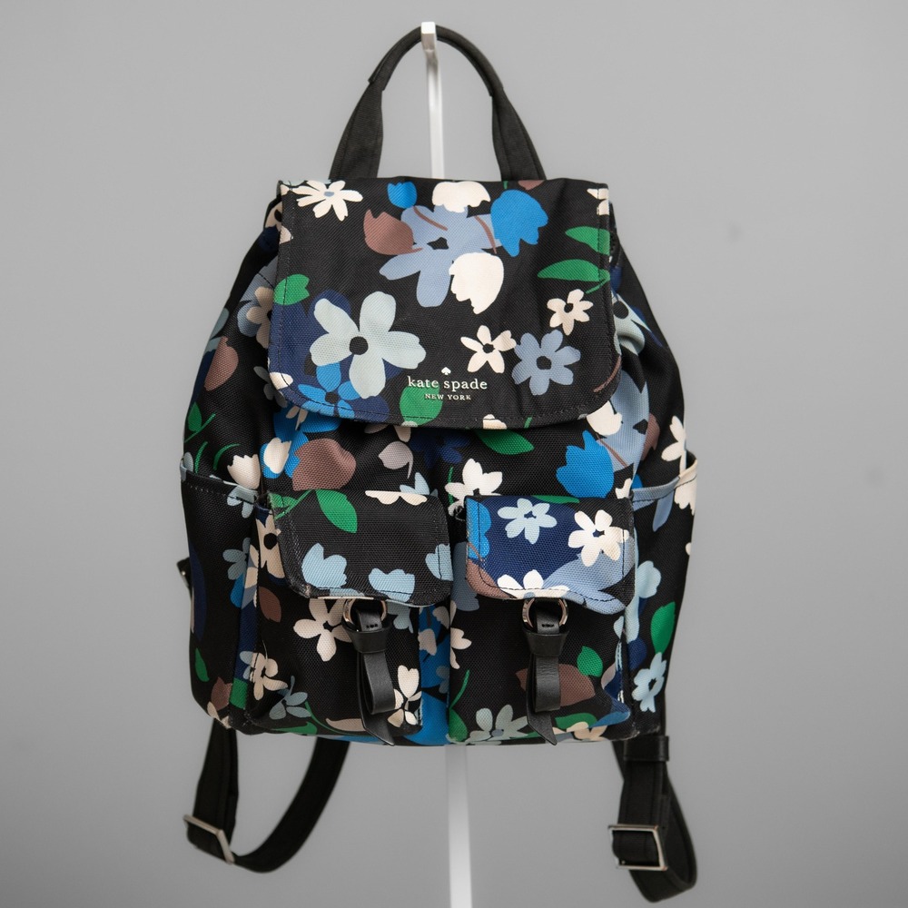 Kate Spade Backpack Medium Chelsea Black Blue Multi Floral Botanical Canvas Bag